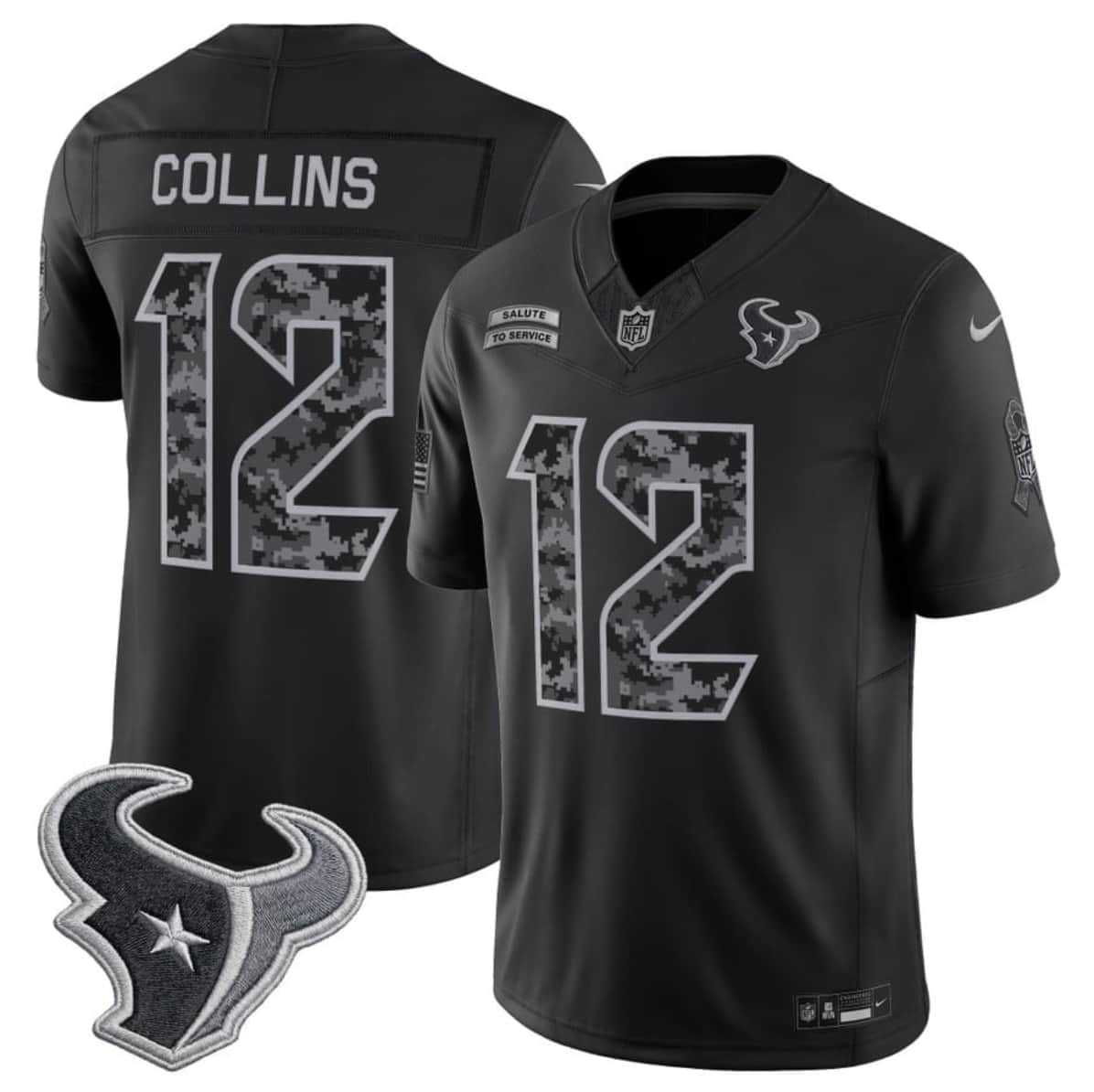 Mens Houston Texans #12 Nico Collins Black F.U.S.E. 2026 Salute to Service Limited Stitched Jersey