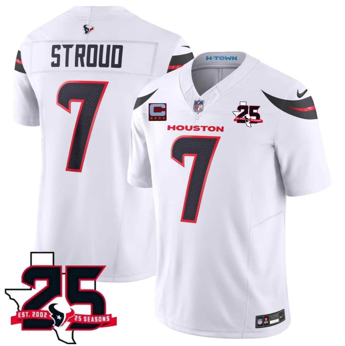 Mens Houston Texans #7 C.J. Stroud White 2026 With 25th Anniversary Patch And 4-Star C Patch F.U.S.E. Vapor Limited Stitched Jersey