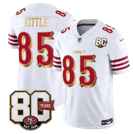 Mens San Francisco 49ers #85 George kittle White Gold 80th Anniversary Patch Rivalries 2026 F.U.S.E. Vapor Untouchable Limited Stitched Jersey