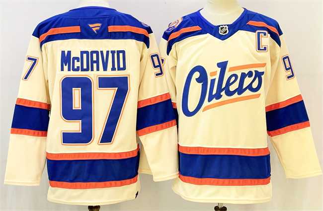 Mens Edmonton Oilers #97 Connor McDavid Light Beige 2025 Alternate With C Patch Stitched Hockey Jersey