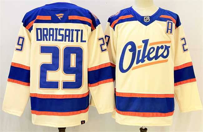 Mens Edmonton Oilers #29 Leon Draisaitl Light Beige Alternate With A Patch Stitched Hockey Jersey