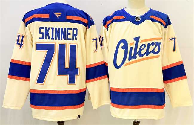 Mens Edmonton Oilers #74 Stuart Skinner Light Beige 2025 Alternate Stitched Hockey Jersey