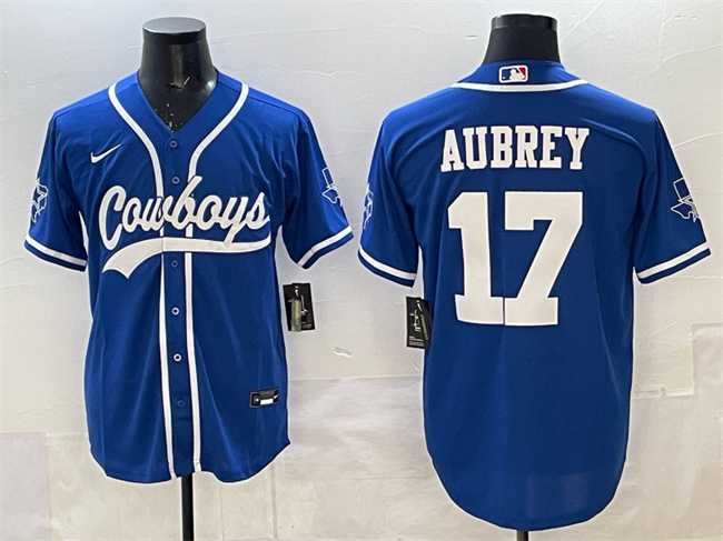 Mens Dallas Cowboys #17 Brandon Aubrey Blue Cool Base Stitched Baseball Jersey