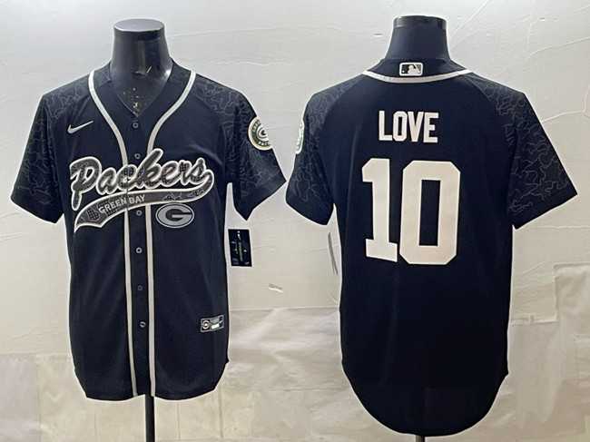 Mens Green Bay Packers #10 Jordan Love Black Reflective With Patch Cool Base Stitched Baseball Jersey