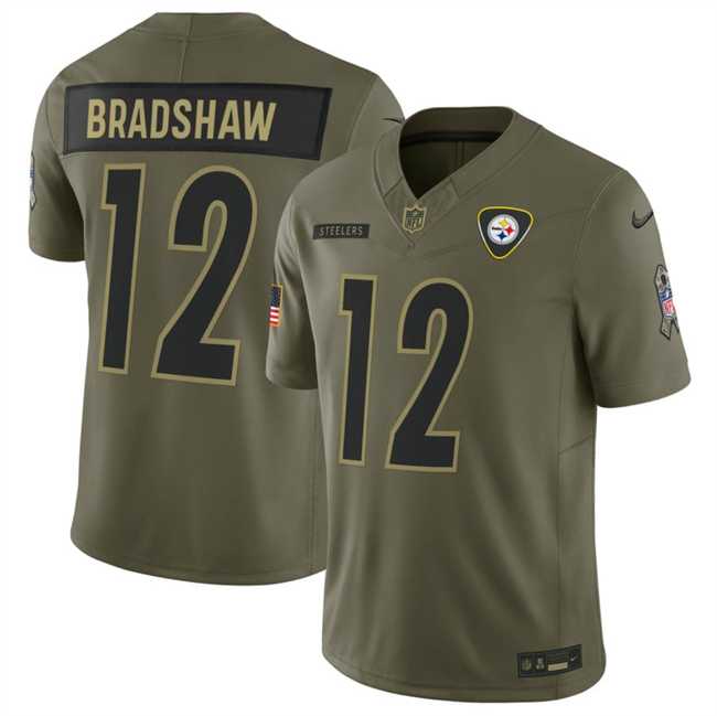 Mens Pittsburgh Steelers #12 Terry Bradshaw Olive 2025 F.U.S.E. Salute to Service Limited Stitched Jersey Dyin