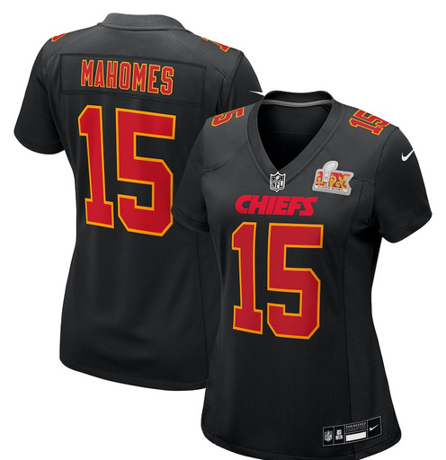 Women's Nike #15 Patrick Mahomes Carbon Black Kansas City Chiefs Super Bowl LIX Fashion Game Jersey