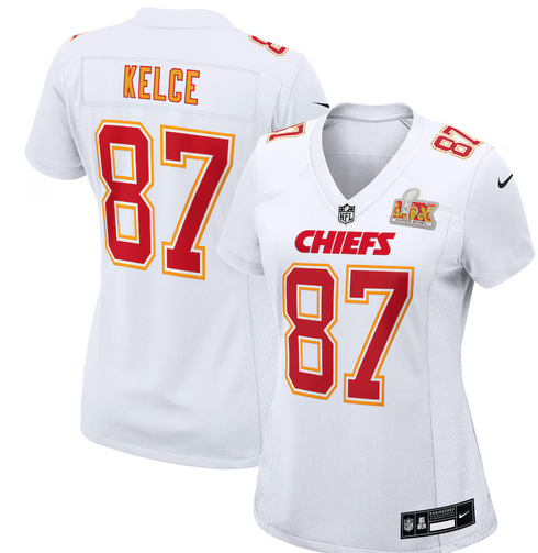 Women's Nike #87 Travis Kelce Tundra White Kansas City Chiefs Super Bowl LIX Fashion Game Jersey