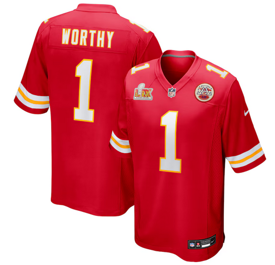 Men's Nike #1 Xavier Worthy Red Kansas City Chiefs Super Bowl LIX Game Jersey