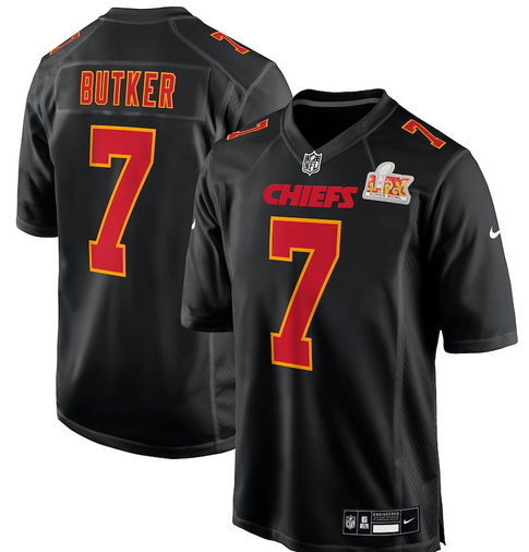 Men's Nike #7 Harrison Butker Carbon Black Kansas City Chiefs Super Bowl LIX Fashion Game Jersey