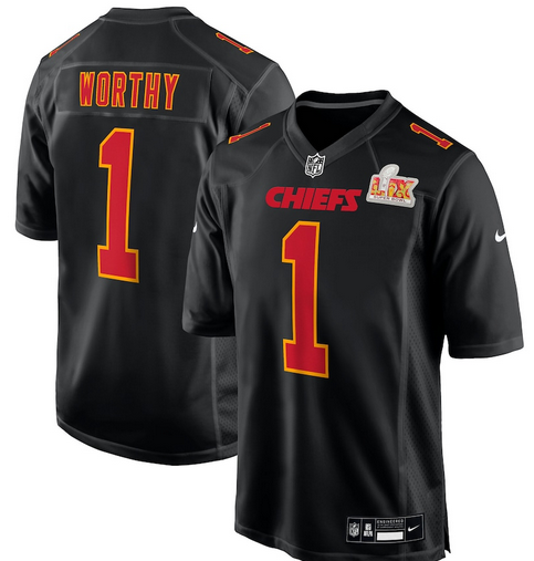 Men's Nike #1 Xavier Worthy Carbon Black Kansas City Chiefs Super Bowl LIX Fashion Game Jersey
