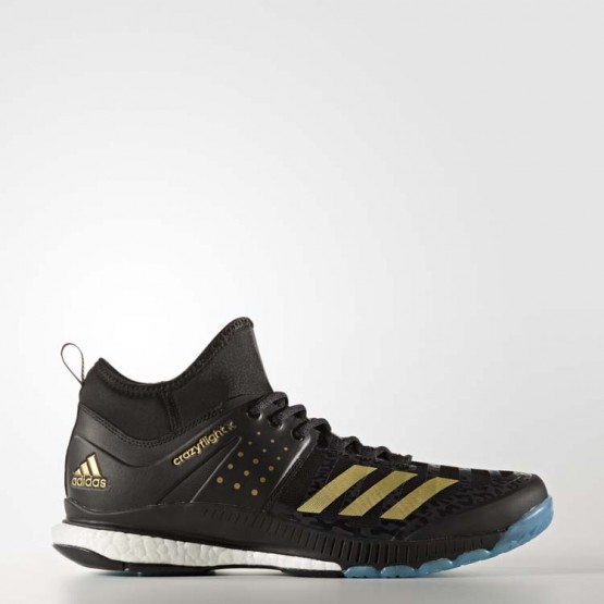 Mens Core Black/Metallic Gold/Icey Blue Adidas Crazyflight X Mid Volleyball Shoes 213NSLTK->Adidas Men->Sneakers